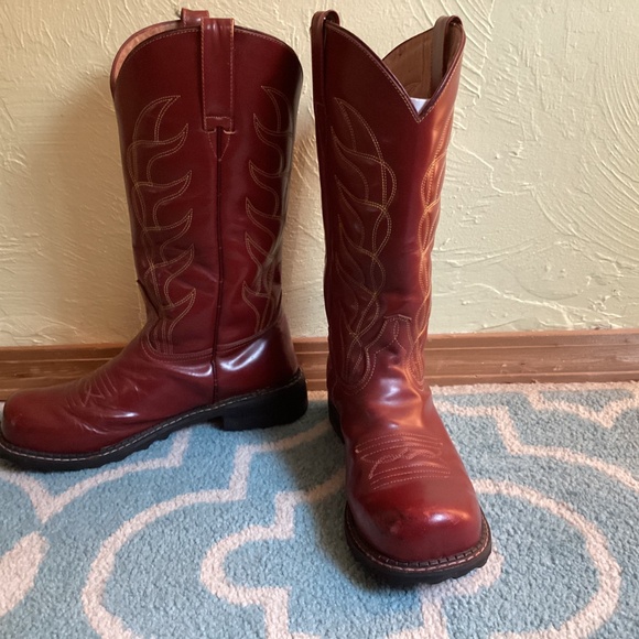 John Fluevog Red Leather F-Shoe High Cowboy Boots w/ Gold Stitching, Sz 10.5 - Picture 2 of 10